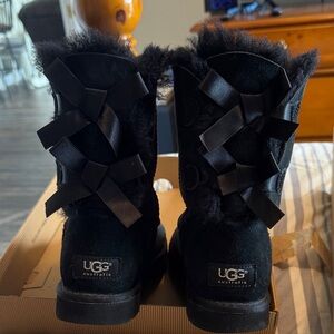 UGG Black Furry Boots with Satin Bows